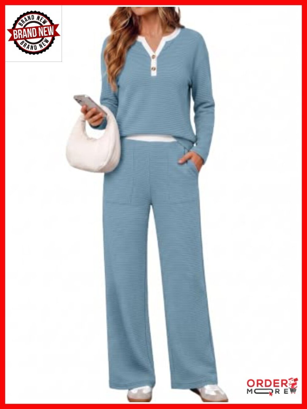 Women 2 Piece Lounge Set French Rib Knit Long Sleeve Wide Leg Pants Travel